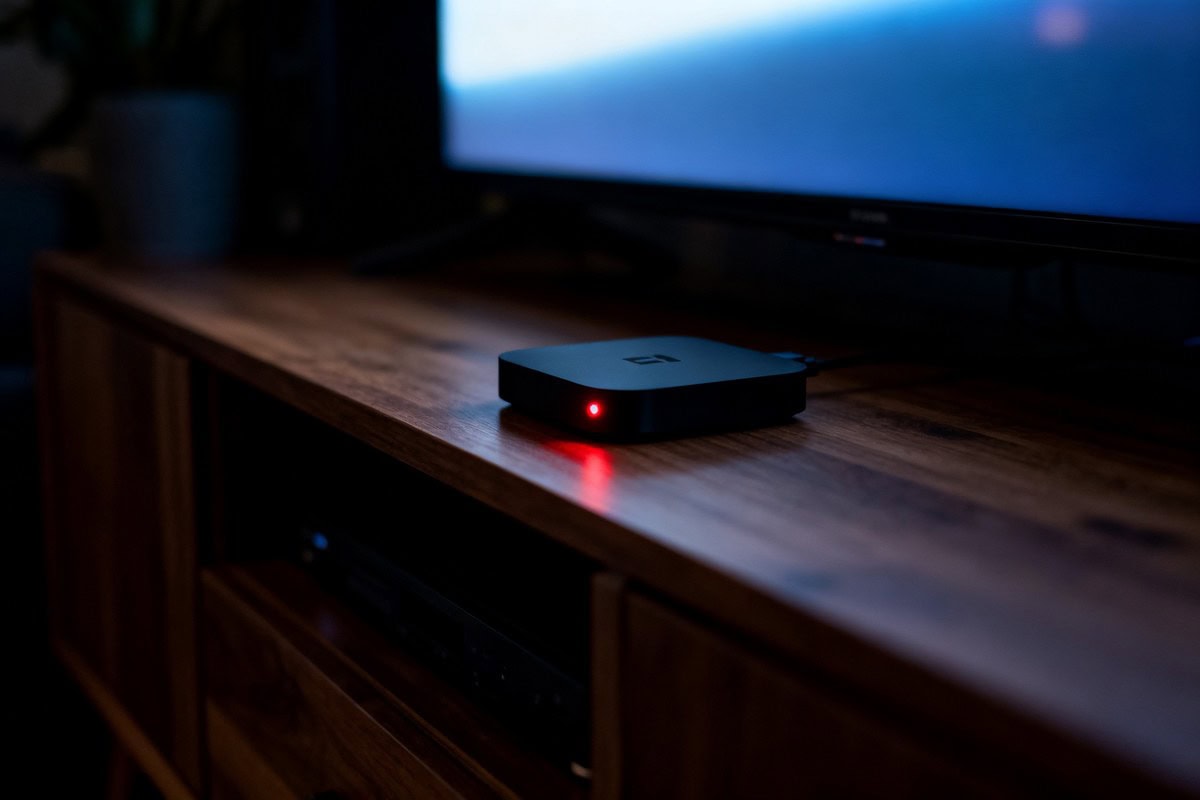 Petit boîtier noir de streaming posé sur un meuble télé dans un salon sombre, diode rouge allumée