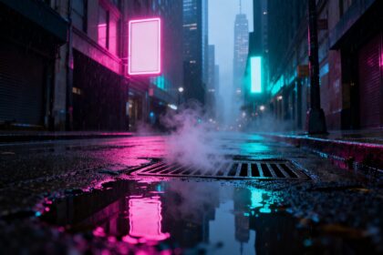 Rue déserte trempée de pluie la nuit, enseignes néon roses et cyan reflétées dans les flaques