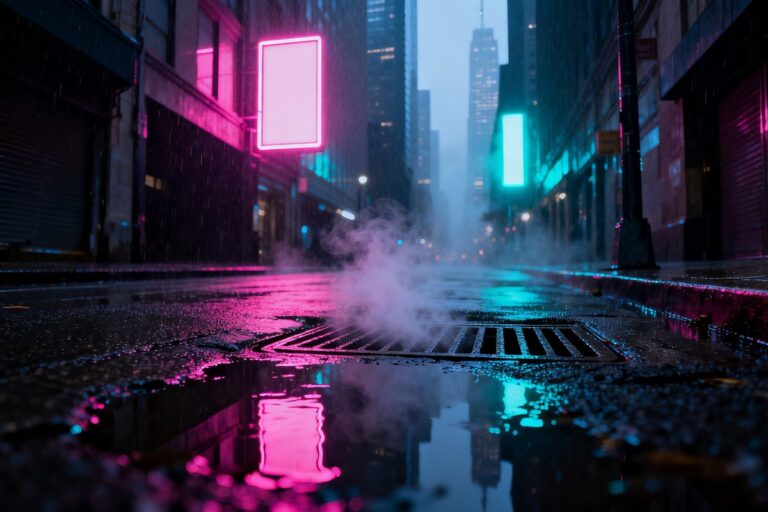Rue déserte trempée de pluie la nuit, enseignes néon roses et cyan reflétées dans les flaques