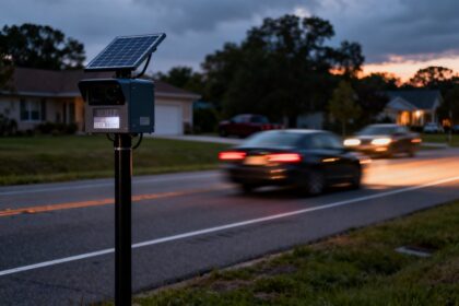 Caméra de lecture de plaques sur un poteau au bord d'une route américaine au crépuscule