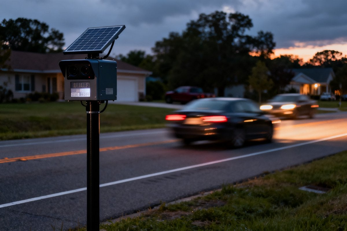 Caméra de lecture de plaques sur un poteau au bord d'une route américaine au crépuscule