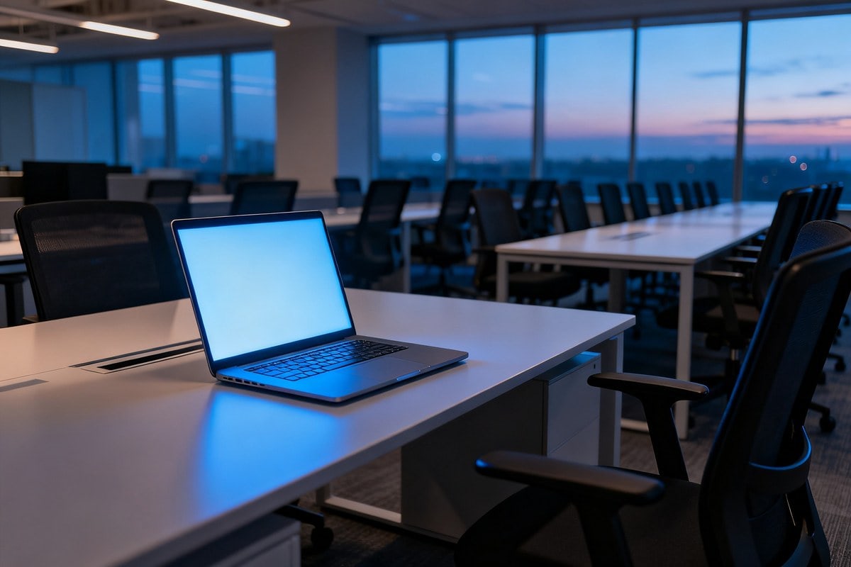 Un ordinateur portable allumé seul sur un bureau dans un open space désert au crépuscule