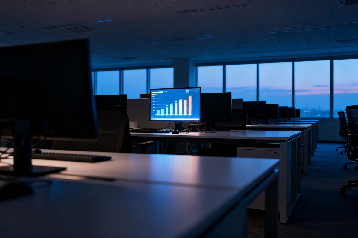 Open space désert au crépuscule, un seul écran allumé affiche un graphique en barres parmi des postes de travail vides