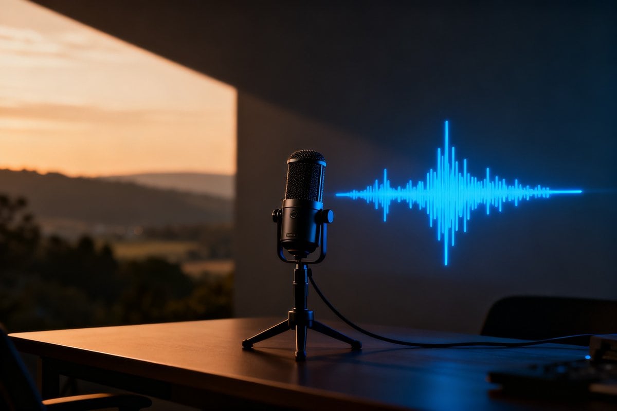 Micro de studio à côté d'une forme d'onde sonore lumineuse dans une pièce sombre