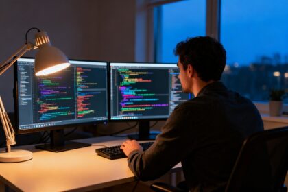 Développeur de nuit devant trois écrans affichant du code, éclairage de lampe de bureau