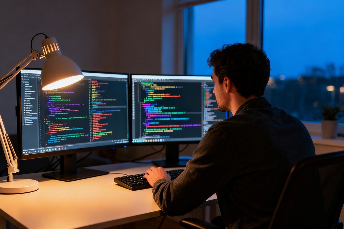 Développeur de nuit devant trois écrans affichant du code, éclairage de lampe de bureau