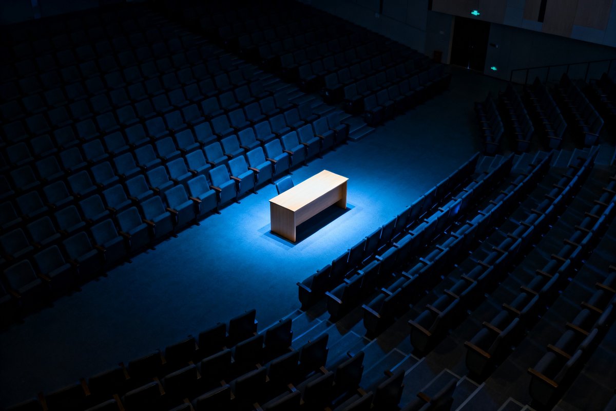 Amphithéâtre sombre et désert avec un unique bureau éclairé au centre