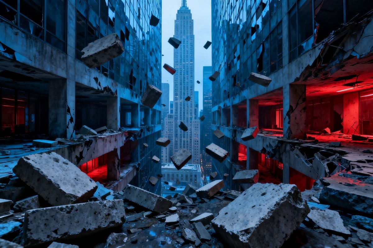 Intérieur d'un gratte-ciel new-yorkais déformé, avec des blocs de béton en suspension dans une lumière étrange