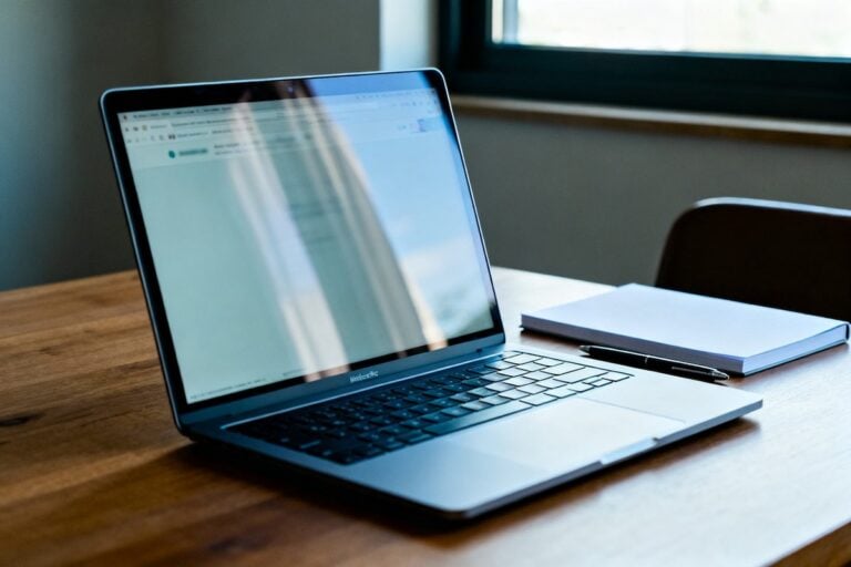 Ordinateur portable ouvert sur un bureau en bois, page web floue à l'écran, carnet fermé et stylo à côté