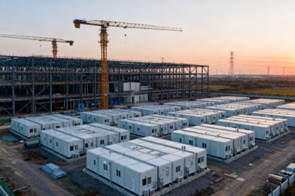Chantier d'une usine de semi-conducteurs au crépuscule, grues et structures d'acier