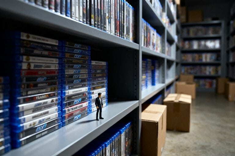 Rayonnages de boîtiers Blu-ray dans un entrepôt, une figurine seule sur une étagère vide et des cartons au sol