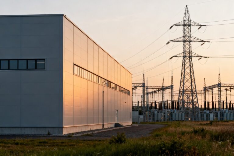 Un grand bâtiment industriel sans fenêtre jouxte un poste électrique à haute tension et un pylône au coucher du soleil.