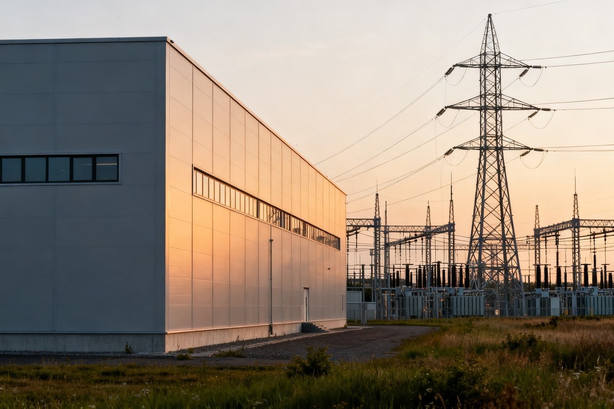 Un grand bâtiment industriel sans fenêtre jouxte un poste électrique à haute tension et un pylône au coucher du soleil.