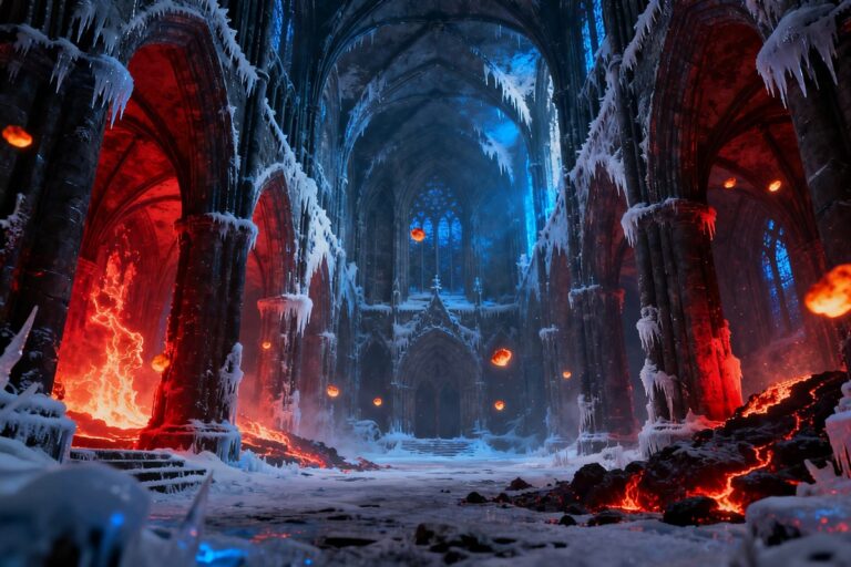 Intérieur d'une cathédrale gothique médiévale recouverte de givre sous une lumière rouge et bleue