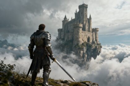 Un épéiste en armure au pied d'un immense château de pierre flottant dans les nuages