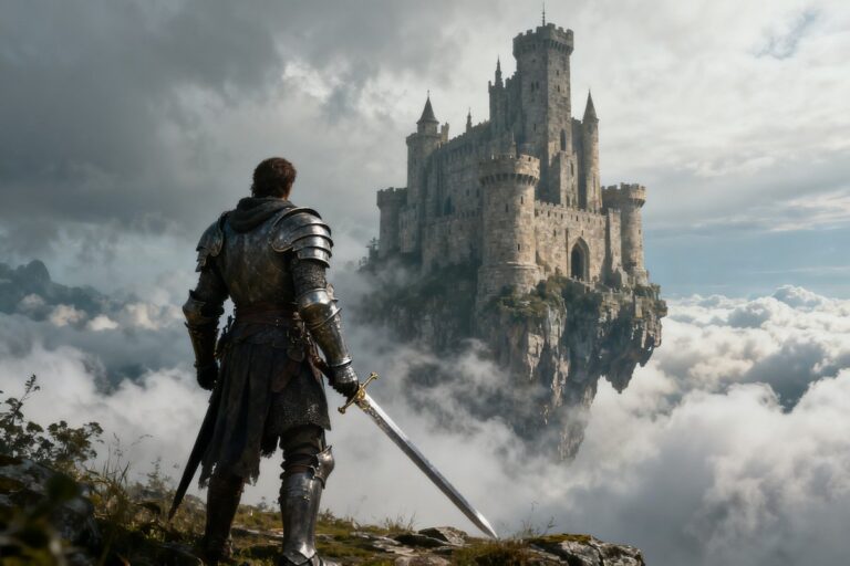Un épéiste en armure au pied d'un immense château de pierre flottant dans les nuages