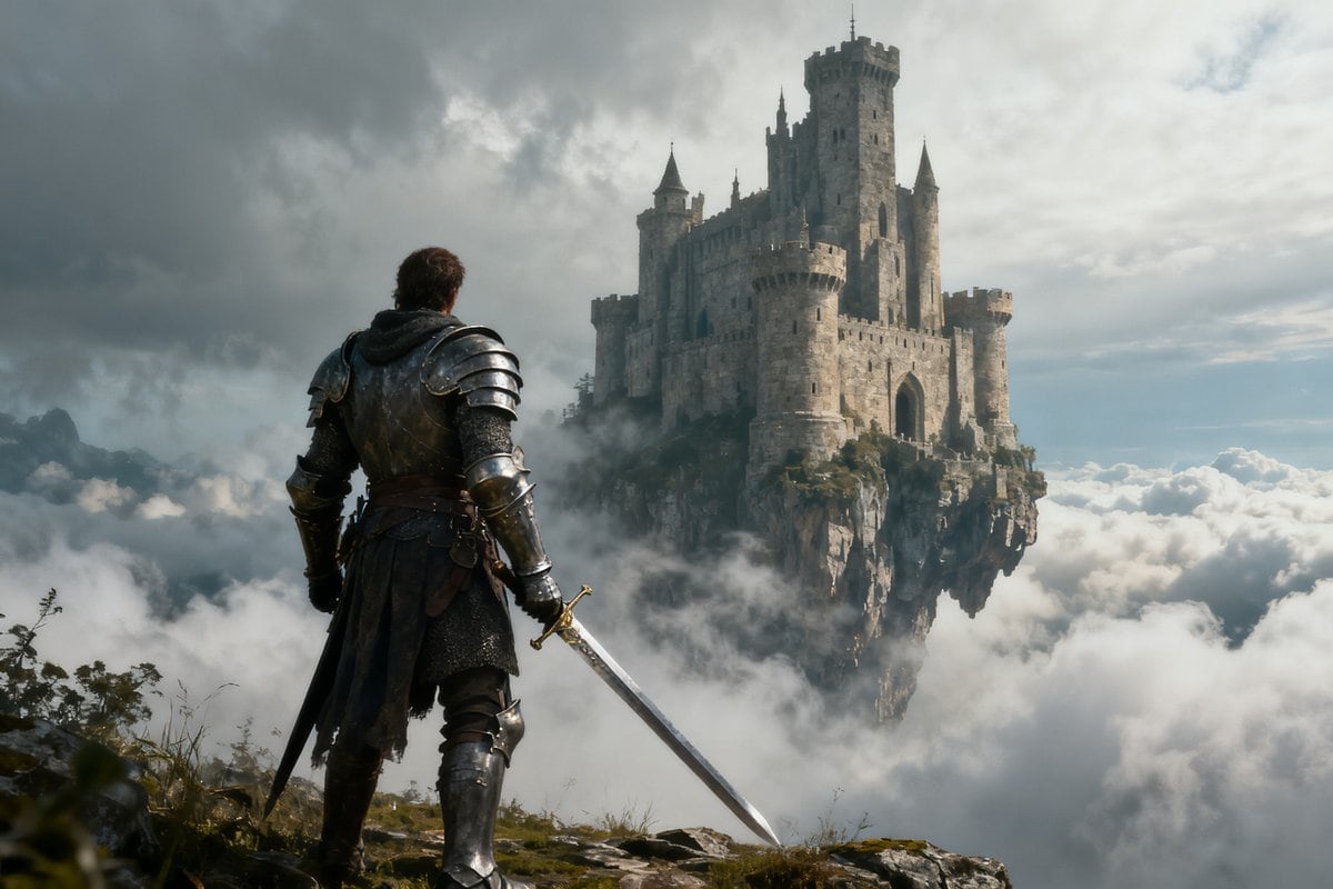 Un épéiste en armure au pied d'un immense château de pierre flottant dans les nuages