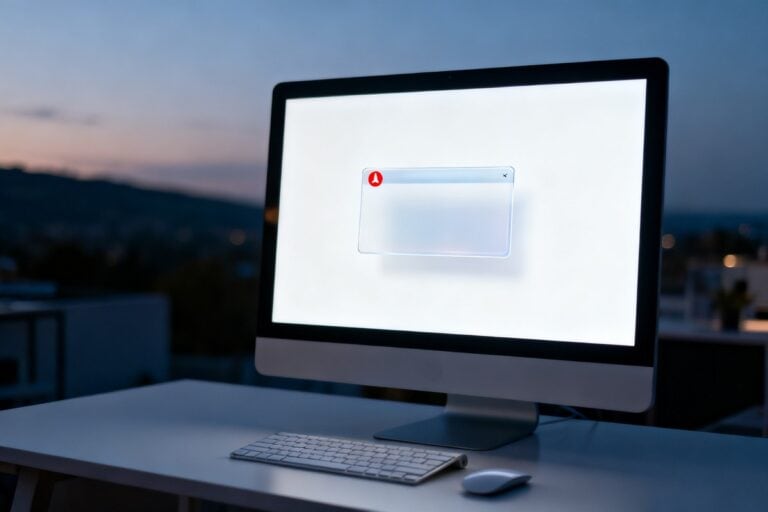 Écran d'ordinateur allumé sur un bureau, une fenêtre pop-up d'alerte s'affichant devant la dalle.