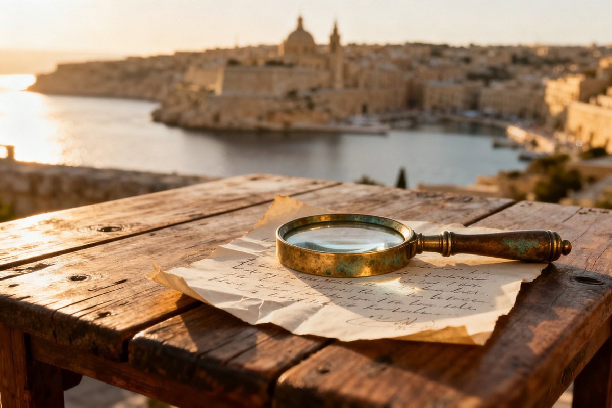 Loupe ancienne posée sur une lettre manuscrite, avec le port méditerranéen de Malte ensoleillé en arrière-plan