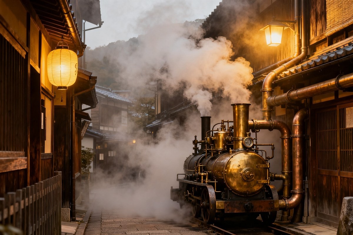 Rue d'un Kyoto imaginaire du début du XXe siècle noyée dans la vapeur et la brume industrielle.