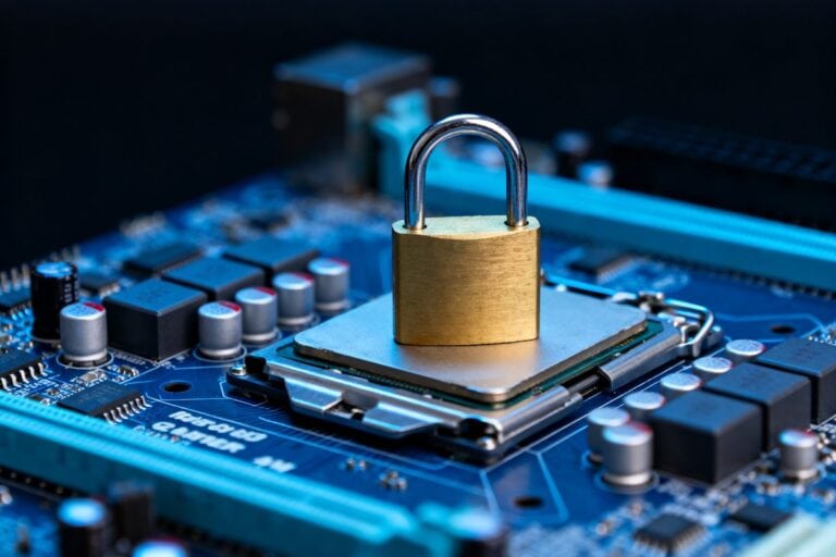 Cadenas en laiton posé sur le processeur d'une carte mère bleue éclairée en lumière froide