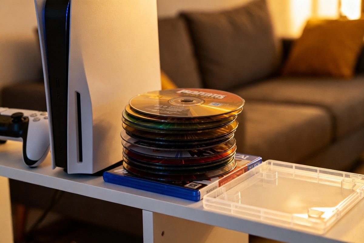 Pile de disques de jeux vidéo et boîtiers posés près d'une console dans un salon