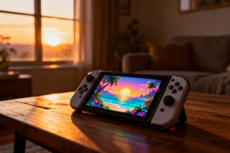 Console de jeu portable posée sur une table en bois, écran affichant un paysage tropical au coucher du soleil