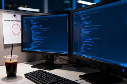 Poste de développeur vide la nuit, deux écrans affichant du code et un calendrier mural avec une date entourée en rouge