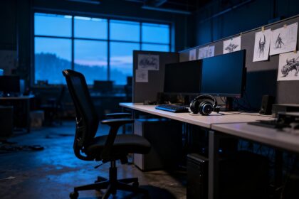 Poste de travail vide dans un studio de jeu vidéo à la nuit tombée, écrans éteints et casque posé sur le bureau