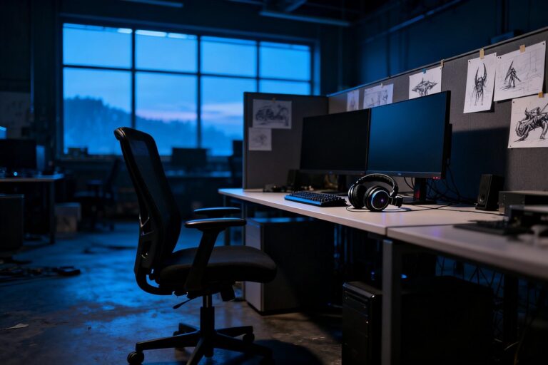 Poste de travail vide dans un studio de jeu vidéo à la nuit tombée, écrans éteints et casque posé sur le bureau