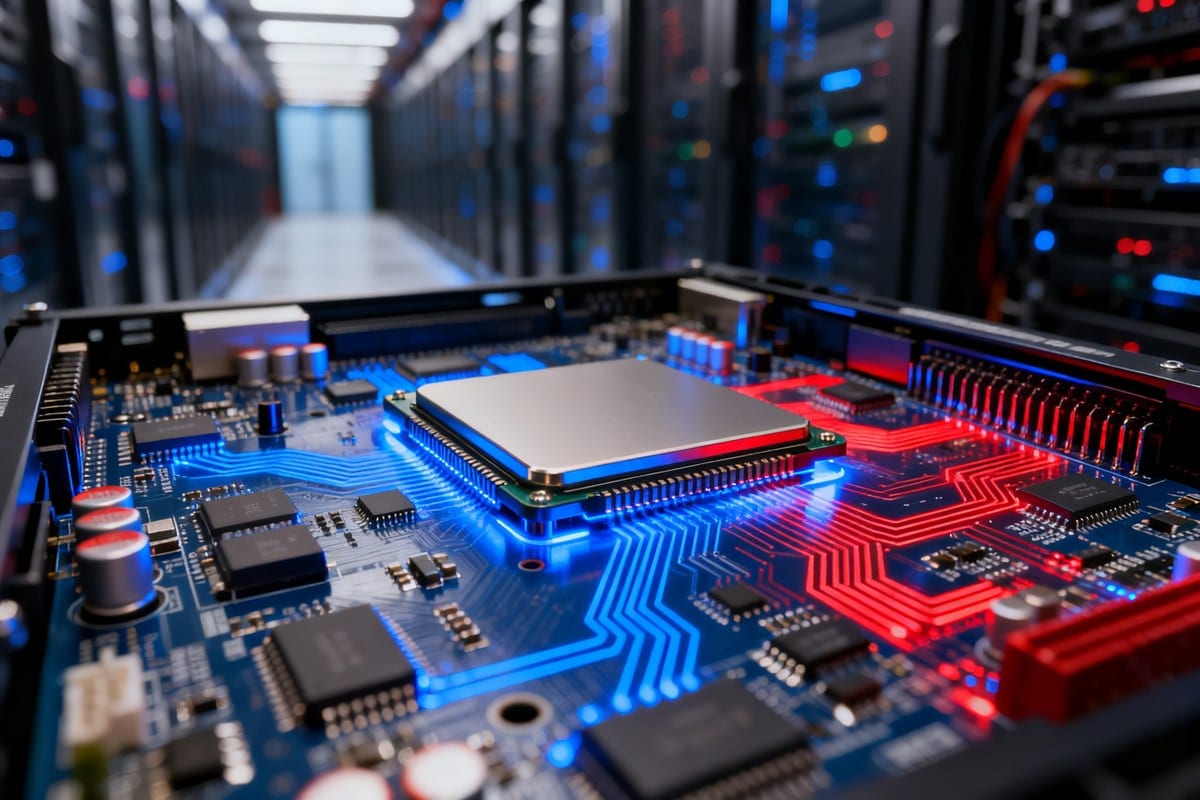 Gros plan de puces d'accélération IA sur une carte serveur, circuits lumineux, data center en arrière-plan