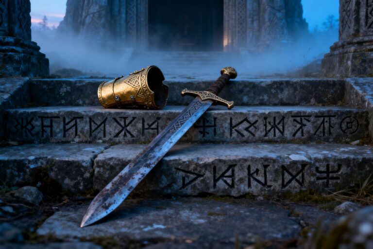 Épée ancienne et brassard doré posés sur des marches de pierre gravées de runes, devant un temple noyé de brume