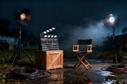 Plateau de tournage nocturne désert, avec un clap posé sur une caisse, une chaise de réalisateur vide et deux projecteurs