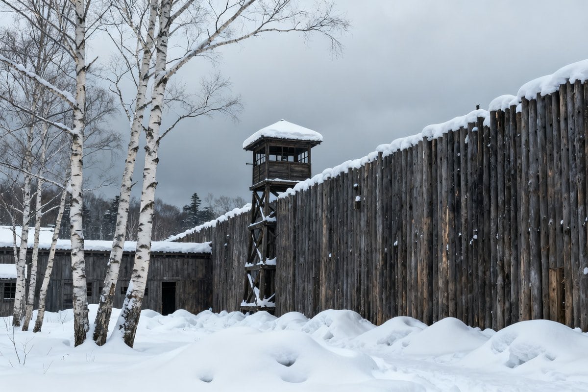 Palissade en bois et mirador d'un ancien pénitencier enneigé dans le nord du Japon