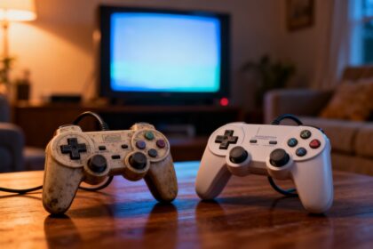 Une manette de jeu usée et une manette récente posées devant une télévision allumée dans un salon