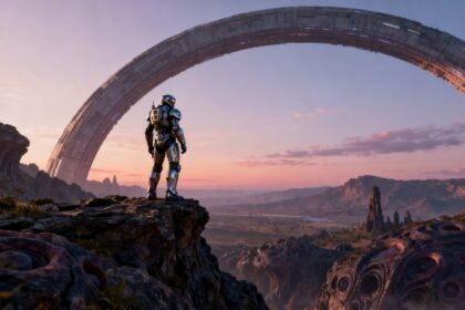 Soldat en armure futuriste face à un gigantesque anneau spatial dans un ciel crépusculaire, sur une falaise extraterrestre