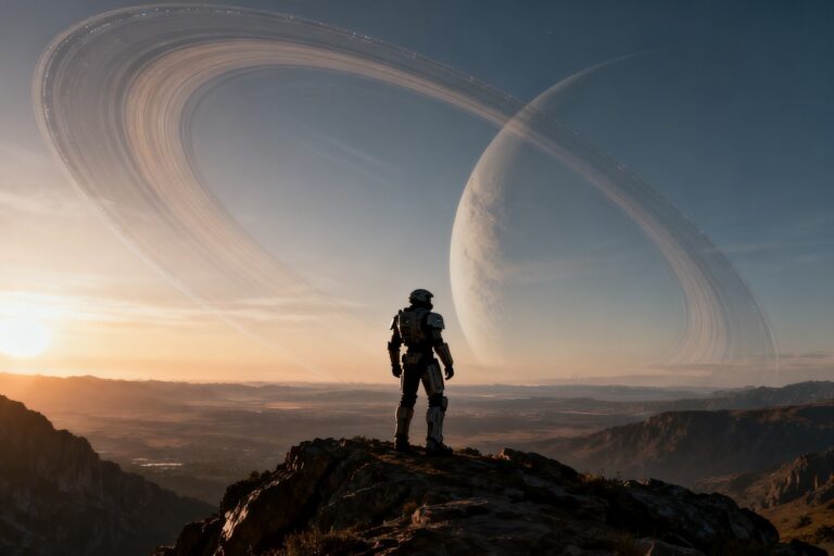 Soldat en armure futuriste face à l'horizon courbe d'un immense anneau extraterrestre au lever du jour