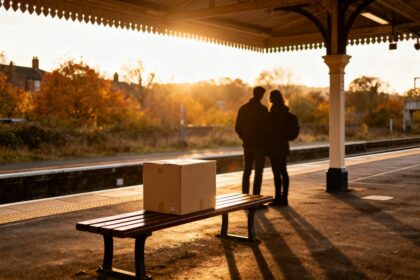Deux silhouettes face à face sur le quai d'une gare au coucher du soleil, un carton de déménagement posé sur un banc