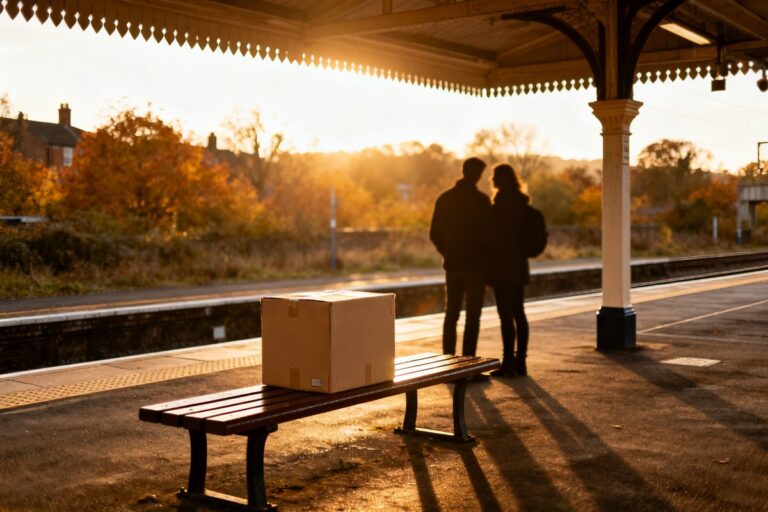 Deux silhouettes face à face sur le quai d'une gare au coucher du soleil, un carton de déménagement posé sur un banc