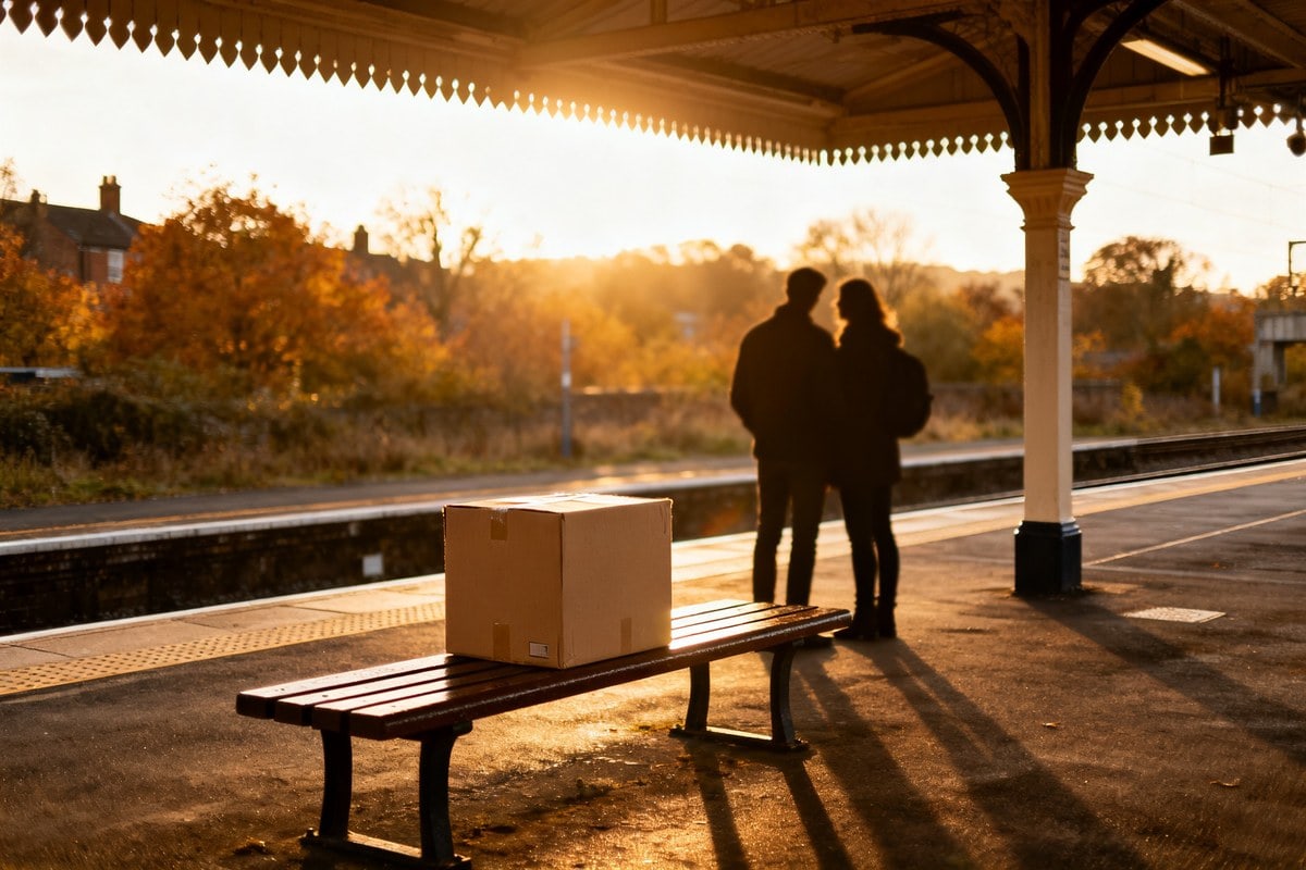 Deux silhouettes face à face sur le quai d'une gare au coucher du soleil, un carton de déménagement posé sur un banc