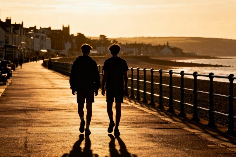Deux jeunes marchent côte à côte sur une promenade en bord de mer à la lumière dorée.