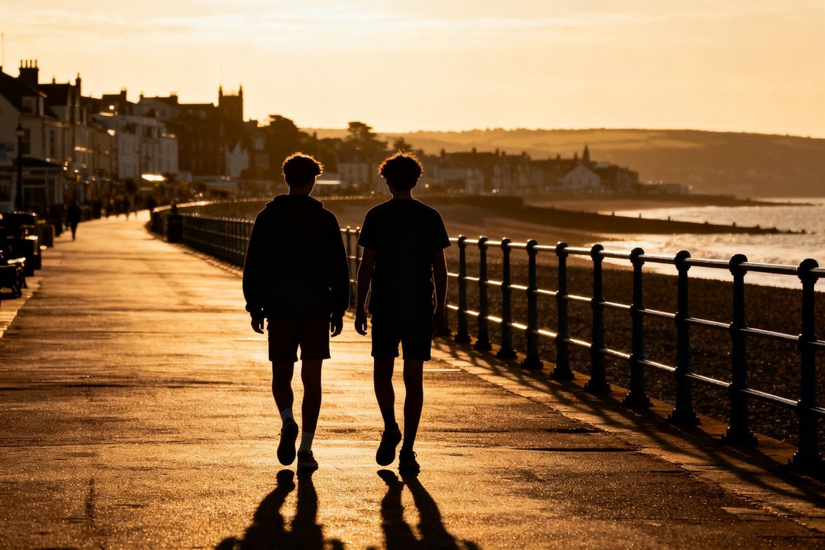 Deux jeunes marchent côte à côte sur une promenade en bord de mer à la lumière dorée.
