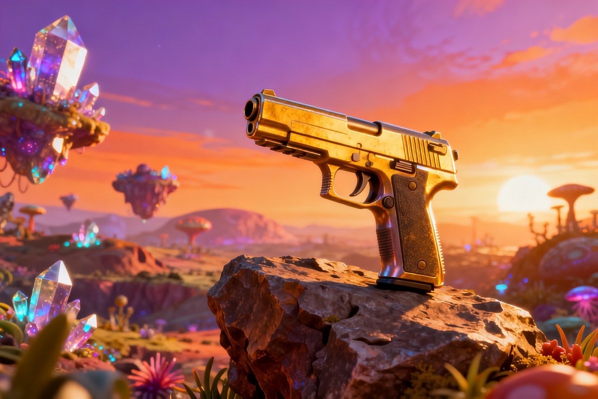 Pistolet de science-fiction doré posé sur un rocher dans un paysage extraterrestre coloré au crépuscule