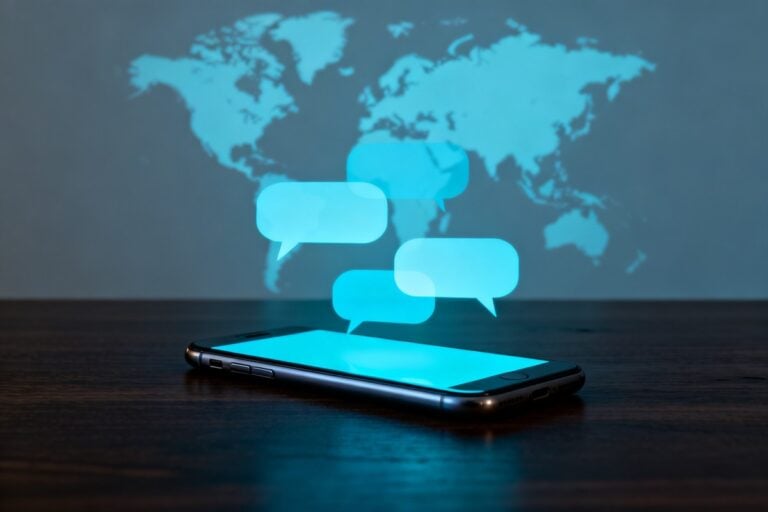 Smartphone sur un bureau sombre laissant échapper des bulles de conversation lumineuses devant une carte du monde