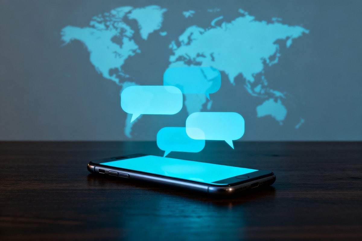 Smartphone sur un bureau sombre laissant échapper des bulles de conversation lumineuses devant une carte du monde