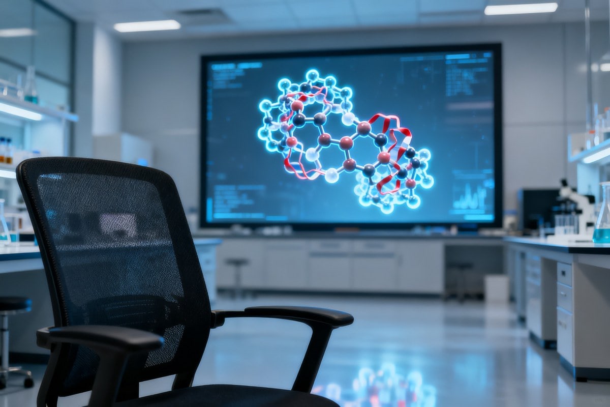 Structure d'une protéine en 3D affichée sur un écran dans un laboratoire de recherche désert