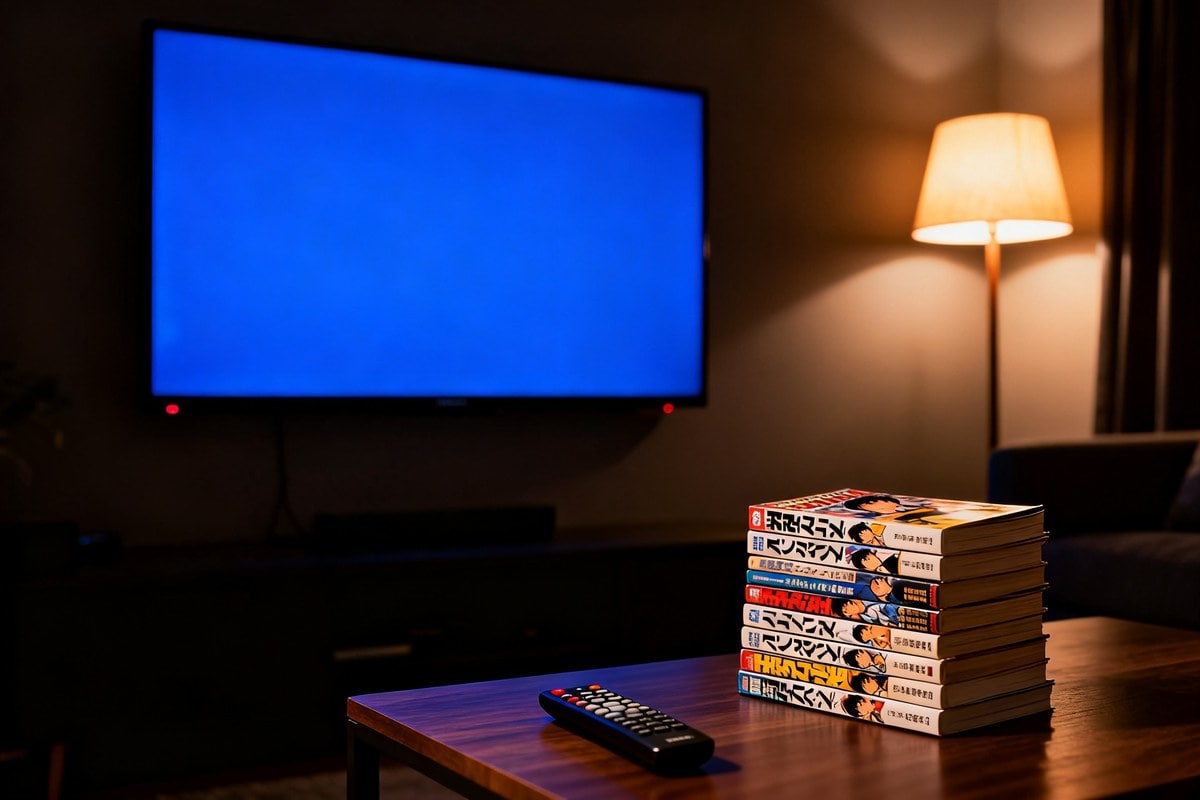 Écran de télévision allumé en bleu dans un salon sombre, pile de mangas et télécommande sur une table basse