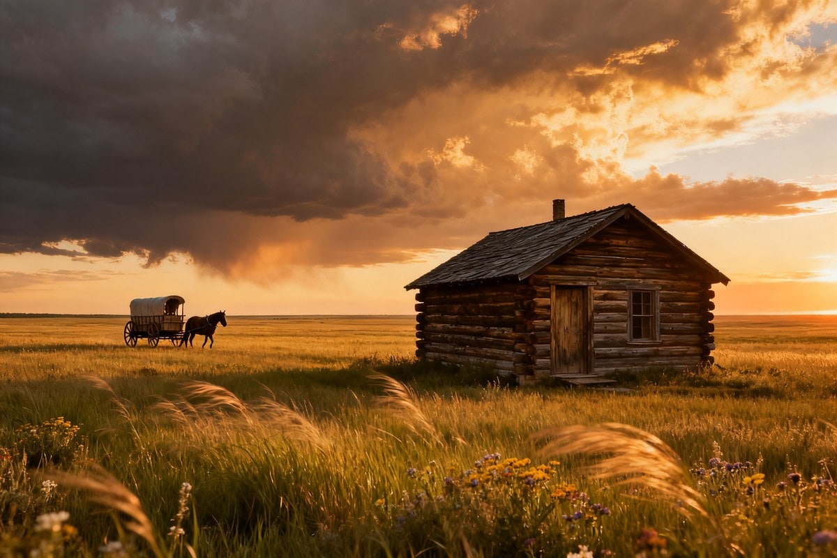 Petite cabane en rondins sur une vaste prairie au coucher du soleil, chariot à cheval au loin