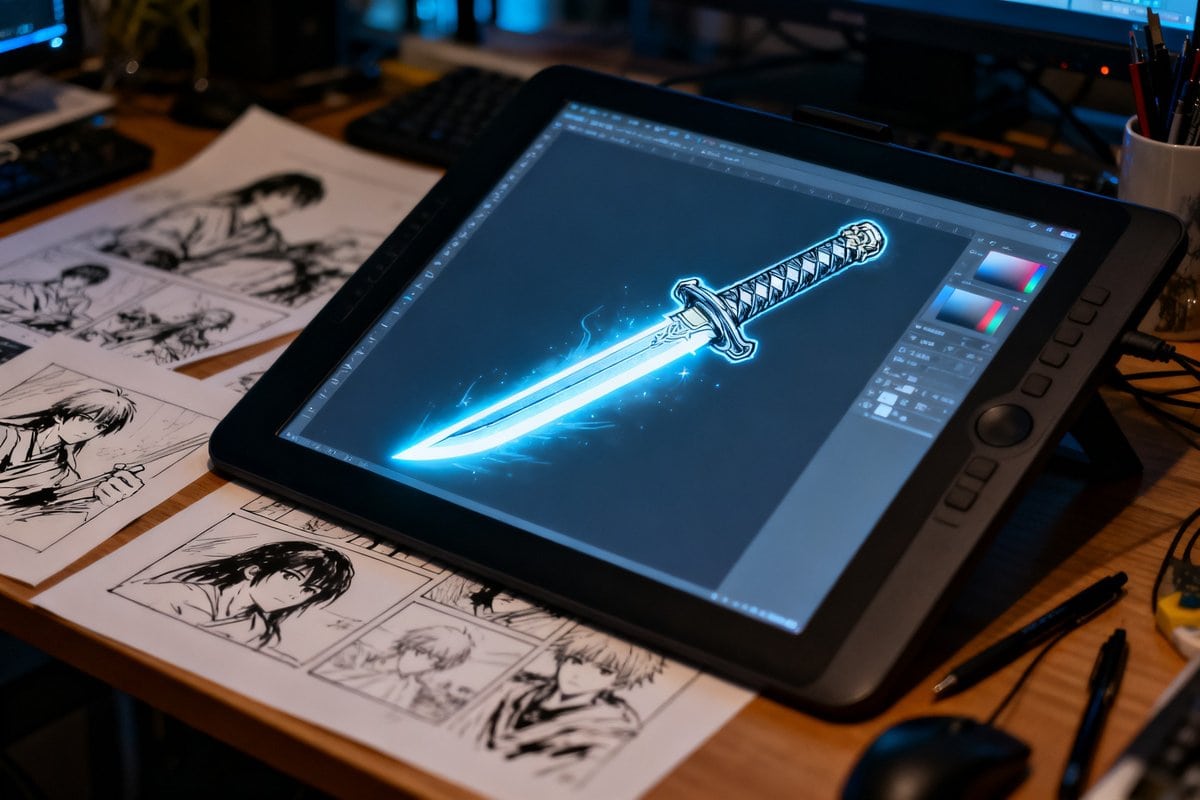 Bureau d'un animateur dans un studio japonais, tablette graphique éclairant des croquis d'un sabre lumineux