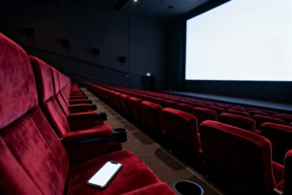 Salle de cinéma vide aux fauteuils rouges, écran blanc allumé et smartphone posé sur un siège